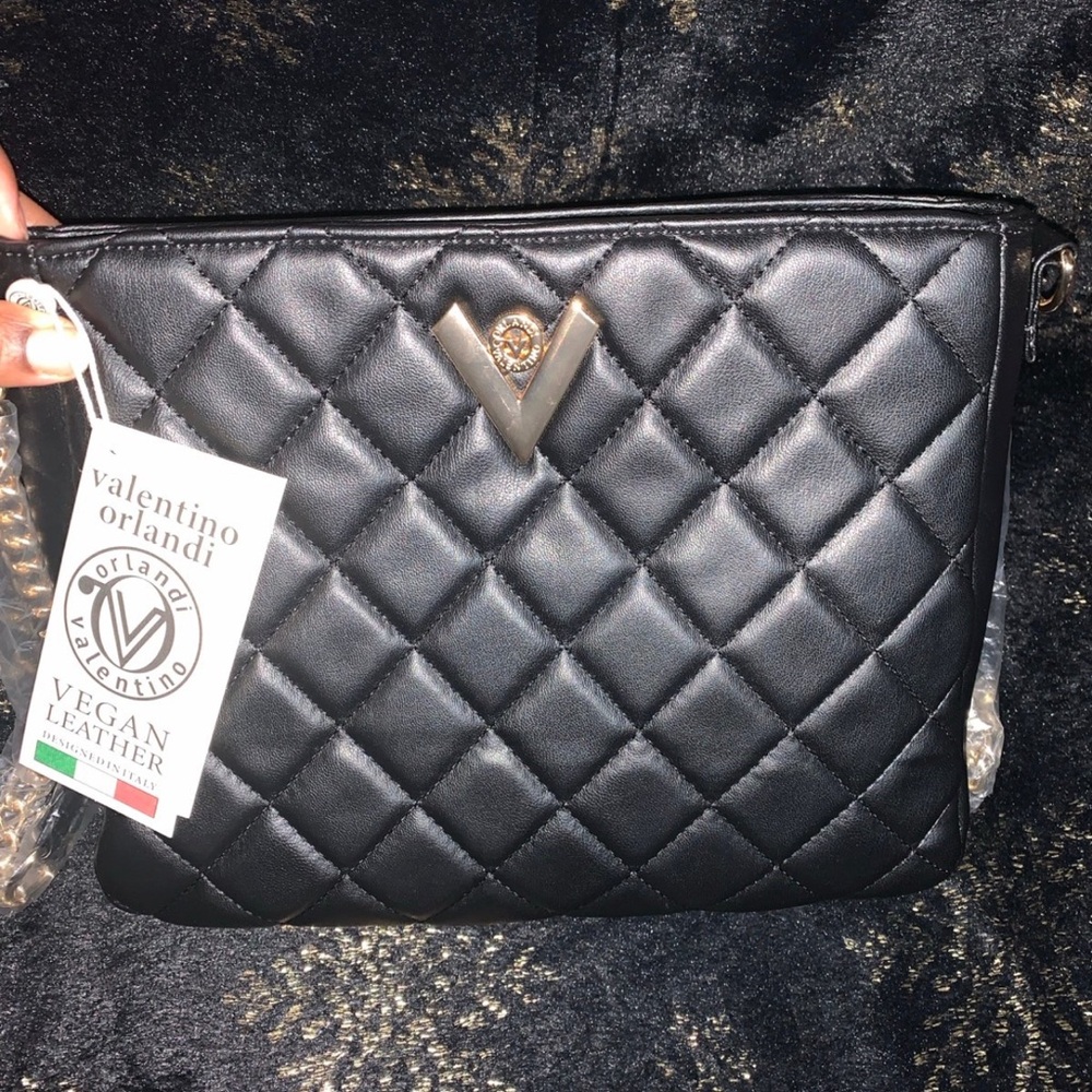 Valentino Orlandi Black Crossbody Bag with Quilted Pattern and Gold Hardware